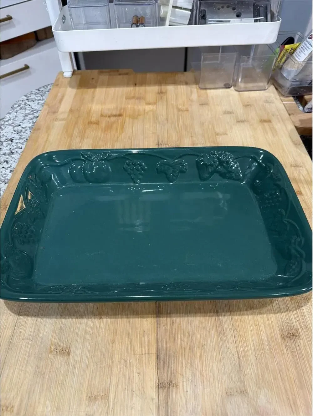 Vintage Embossed Dark Green Casserole Baking Dish 14 X 9” Grapes Fruit Motif *